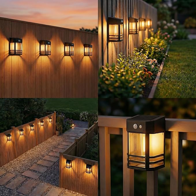 btfarm Solar Fence Lights Outdoor, 4 Pack Motion Sensor Dusk to Dawn Fence Lights Solar Powered, 3 Modes IP65 Waterproof Solar Deck Post Lights for Fence Garden Step Patio Stair Backyard