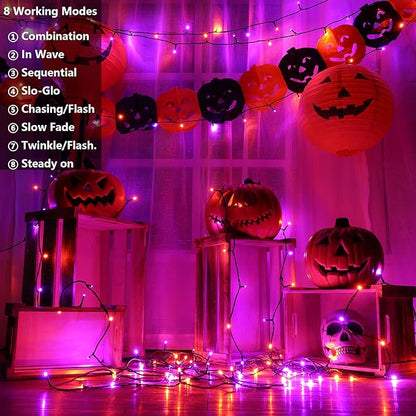 Joomer Orange Purple Halloween Lights, 66ft 200 LED Battery Operated String Lights Waterproof with 8 Modes & Timer Function for Halloween Outdoor Indoor Decorations