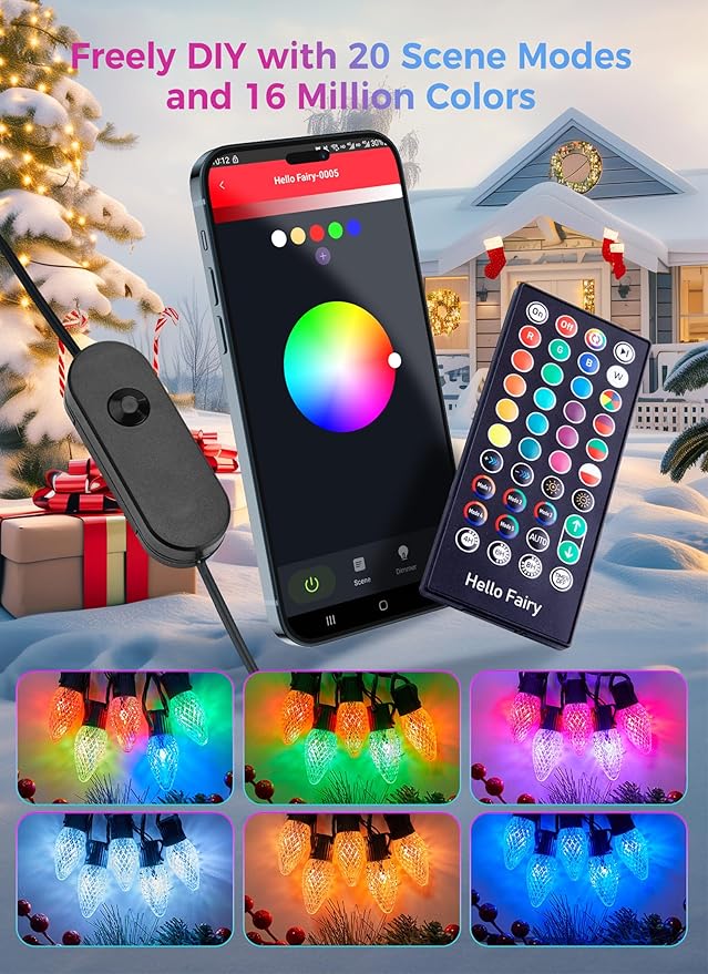 Smart App-Controlled C9 Christmas Lights Outdoor, 66ft 100 Bulb Pathway Lights with Stakes, Multicolor