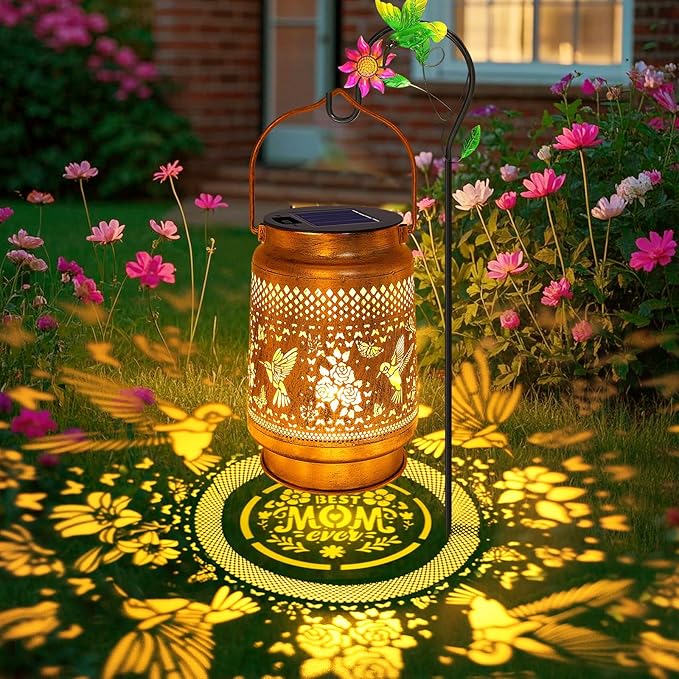Solar Lanterns Outdoor with Shepherd Hook - Waterproof Hummingbird Garden Decor, LED Hanging Lights Metal Decor for Yard, Patio, Porch, Lawn, Tabletop - Perfect Christmas Gift for Women, Mom, Grandma