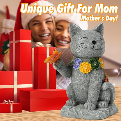 Solar Cat Garden Statue - 7 LED Lights with Flowers & Butterfly Yard Art, Lawn Porch Outdoor Decor, Gift for Mom, Grandma & Women
