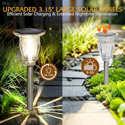 Solar Pathway Lights Outdoor 4 Pcs, Warm White Incandescent Solar Garden lights, 17.5" Waterproof & Solar Powered outdoor Lights, Glass and Stainless Steel Tungsten Walkway Light, Driveway Lawns