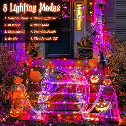 Halloween Lights String Total 100LED Battery Operated Outdoor 8 Modes with Timer 16.4Ft*2, 50LED*2 Waterproof Fairy Lights Indoor for Halloween Decor, Orange&Purple, 2-Pack
