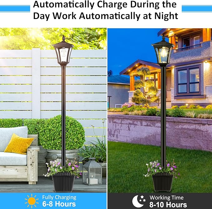 Lamp Post Light with Planter, Solar Outdoor