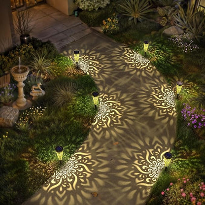 6 Pack Solar Lights Outdoor Garden Decorative Mandala Solar Garden Lights with Warm Light Waterproof Solar Pathway Landscape Lights for Path Patio Backyard Walkway Yard Lawn Decor (Black)