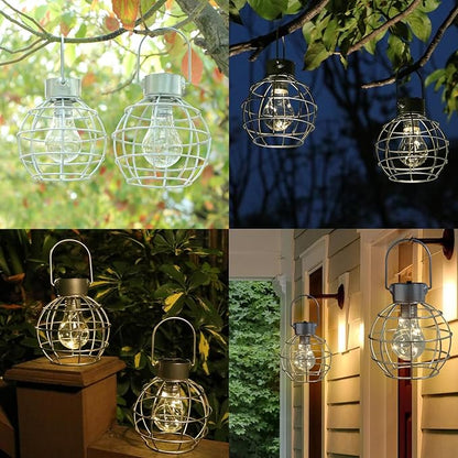 2 Pack Solar Lanterns Outdoor Hanging Lights, Metal Solar Lantern Outdoor Waterproof Auto On/Off Solar Light for Patio Backyard Pathway Porch, Silver