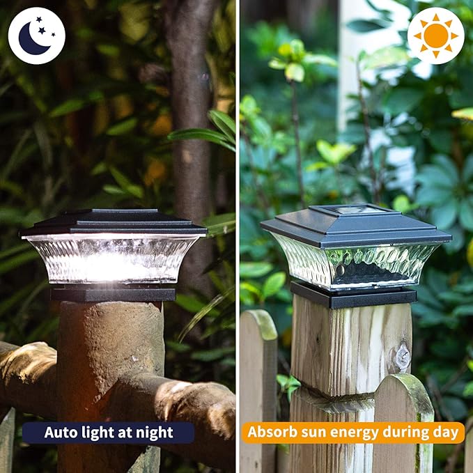 HUYIENO Solar Post Cap Lights Outdoor LED Lighting Deck Fence Cap Light Two Light Modes Warm White/Bright White Suitable for 4x4 Wooden Posts (Black, 8pk)