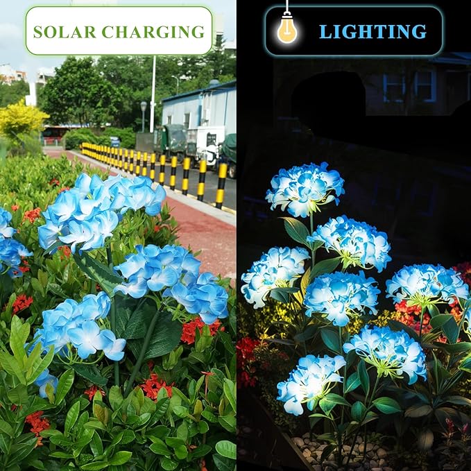 Garden Lights Solar Flower Light, LED Solar Powered Outdoor Light Decor for Path Yard Walkway Patio Balcony Lawn, Hydrangea Artificial Flower (Blue, 2)
