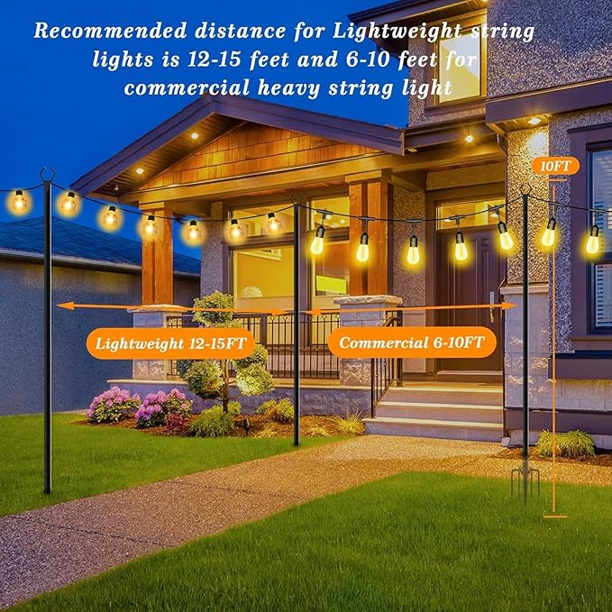 4 Pack String Light Poles,10 Ft Light Poles for Outside String Lights,Outdoor Lights Pole with Fork,Metal Poles Stand for Patio Deck Backyard