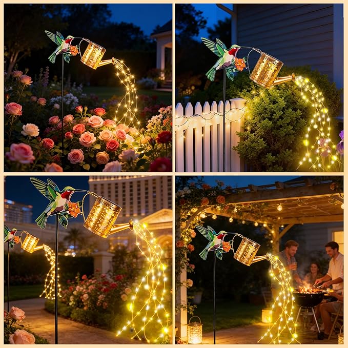 Solar Watering Can with Cascading Lights Outdoor Garden Decor 2026 New Hummingbird Shaped Solar Lights Outdoor Waterproof Solar Garden Lights Yard Decorations Outdoor for Mom Family Holidays Gift