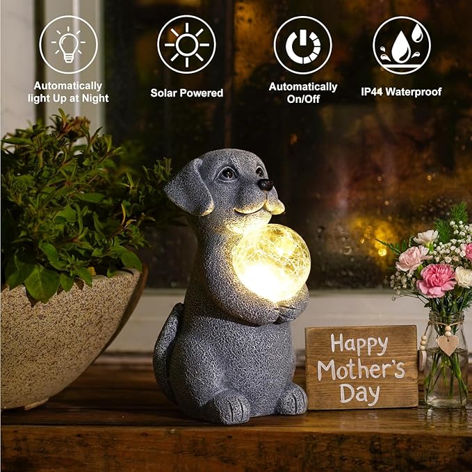 Dog Garden Statues - 8.4 Dog Decor with Gazing Ball LED Lights, Unique Gifts for Mom Grandma Birthdays, Outdoor Decor for Outside Lawn Porch Patio (Gray)