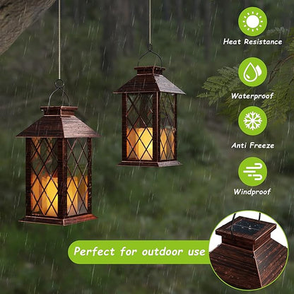 Outdoor Solar Lanterns, Waterproof Hanging Lantern with LED Flickering Flameless Candle, 13'' Bronze Outdoor Solar Powered Lantern Decor for Porch Patio Garden Balcony Pathway, 1 Pack