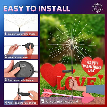 4 Pack Valentine's Day Solar Lights Outdoor, Solar Garden Lights Outside Fairy Firework Decorative,Solar Powered for Wedding,Yard Pathway Party Balcony Patio Decor (Red, White, Pink)