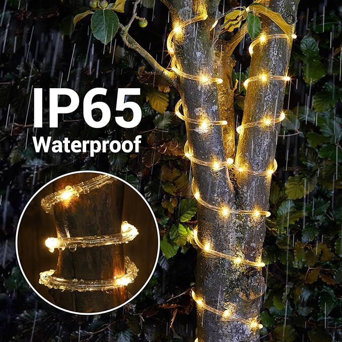 Solar Rope Lights Outdoor, 33ft 100 LED 8-Mode Waterproof String Tube Light for Garden & Patio, Warm White