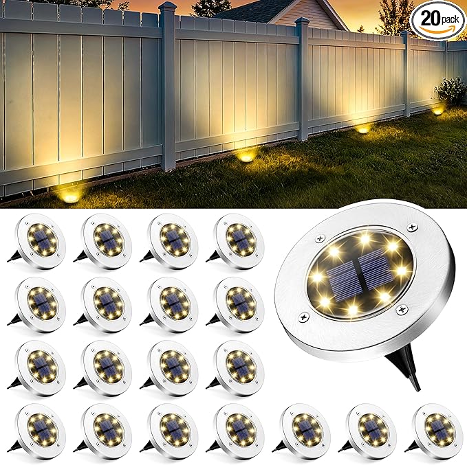 20-Pack Warm White Fence Solar Lights, Waterproof LED