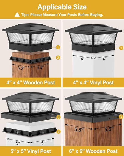 Solar Post Cap Lights Outdoor for 4x4 5x5 6x6 Wood/Vinyl Posts, 8 Pack Fence Post Solar Lights with Flickering Flame & Warm Modes for Deck/Garden/Patio, IP65 Waterproof - Black