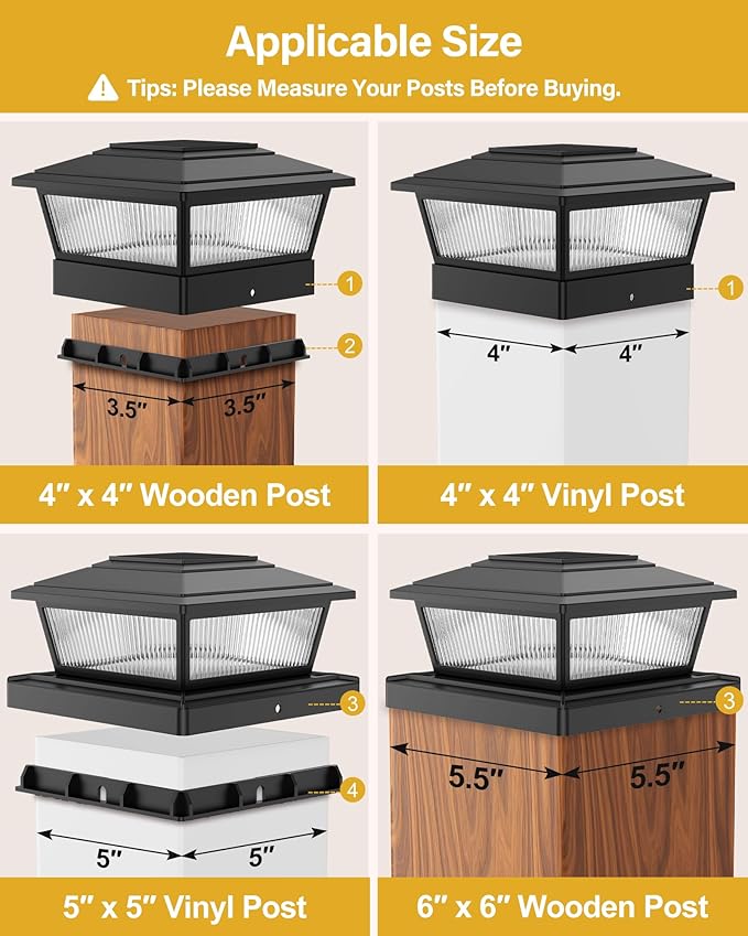 Solar Post Cap Lights Outdoor for 4x4 5x5 6x6 Wood/Vinyl Posts, 12 Pack Fence Post Solar Lights with Flickering Flame & Warm Modes for Deck/Garden/Patio, IP65 Waterproof - Black