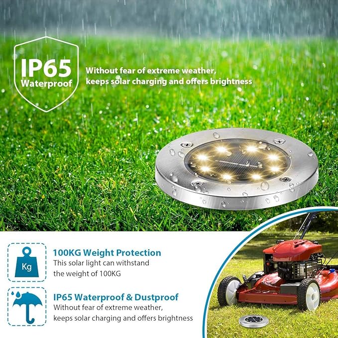 Aogist Solar Ground Lights - 12 Pack, 8 LED, Waterproof Outdoor Disk Lights for Pathway, Yard, Walkway, Patio, Lawn Path (Warm White)