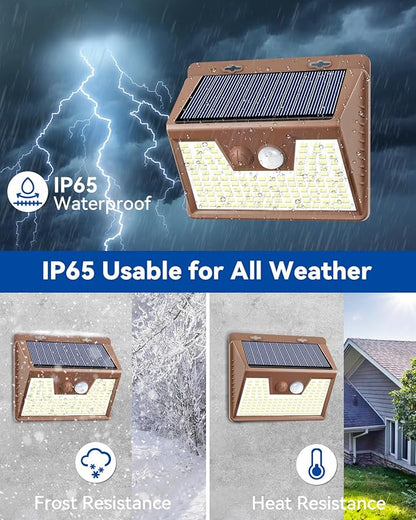 Peasur Solar Outdoor Lights [10 Pack/140LED], 3000K Warm Light Motion Sensor Outdoor Powered Security Lights 3 Working Modes Waterproof for Outside Garden Yard, Brown Frame