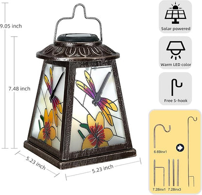 Dragonfly Solar Lantern with Shepherd Hook, Outdoor Hanging Metal LED Garden Light Waterproof for Patio Yard Pathway, Peaceful Dragonfly Lantern Decor and Christmas Holiday Gift for Women Mom Grandma