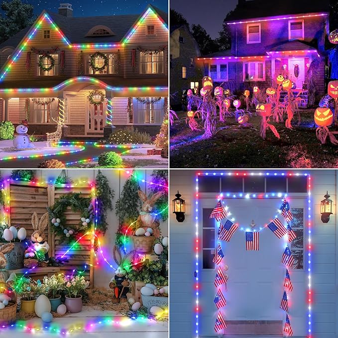 OMIKA 66FT Ultra-Thin LED Rope Lights for Outside, 24 RGB Colors +Warm White String Lights, 200 LED Permanent Outdoor Christmas Lights Waterproof Fairy Lights Plug in for Indoor Bedroom House Decor
