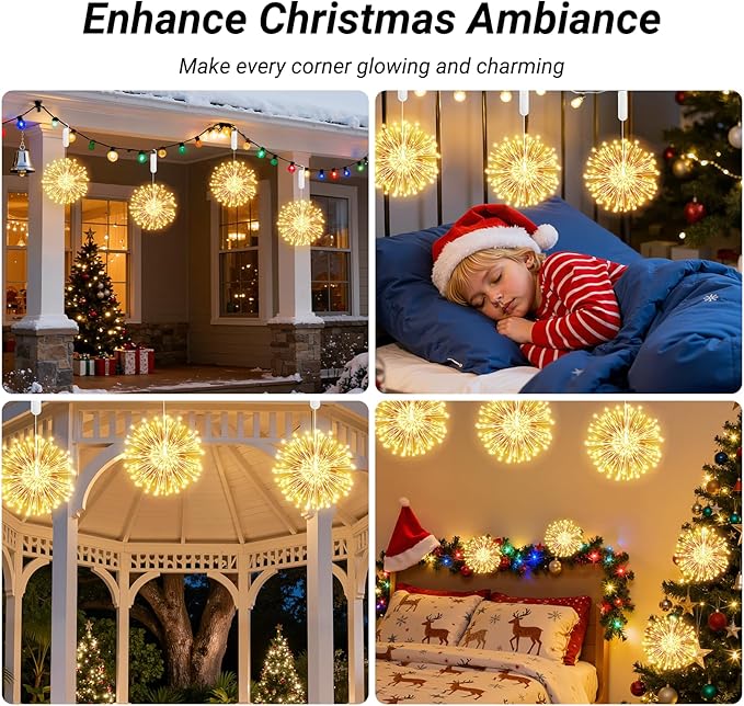 Hanging Firework Lights: Twinkle String Fairy Lights with Remote - 120 LED 8 Modes Dimmable - Indoor Outdoor Battery Operated Starburst Light for Garden, Patio, Party Xmas Decor