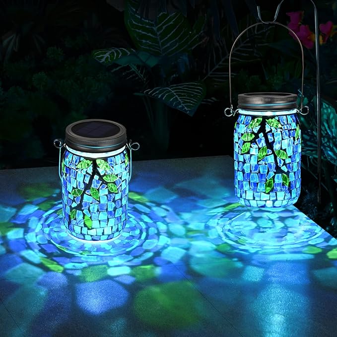 Uspring 2 Pack Mosaic Solar Lanterns Outdoor Waterproof Garden Decor Stained Glass Hanging Solar Jar Lights Gifts for Women Mom Grandma Handmade Outdoor Lantern Lamp for Patio Porch Yard Table