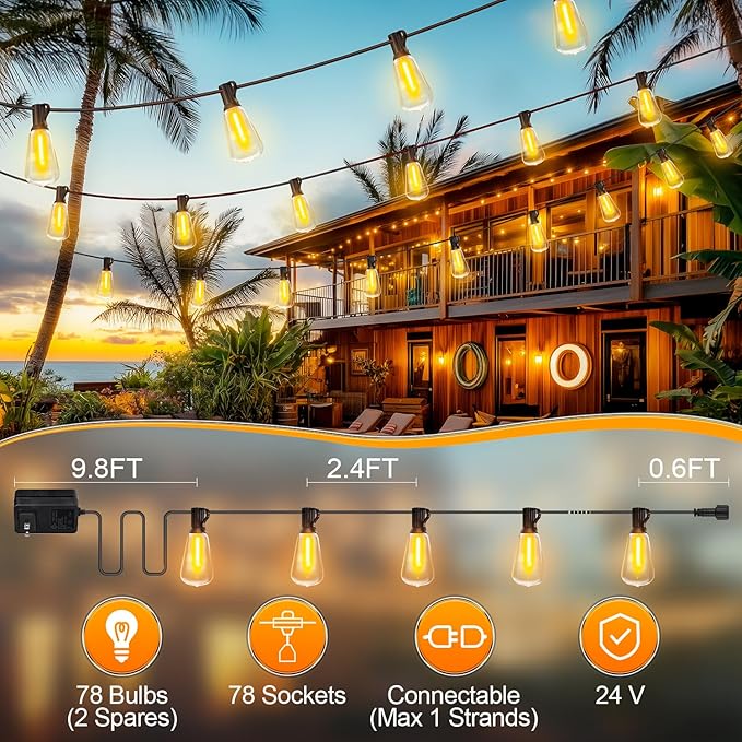 Outdoor String Lights, 200ft Waterproof ST38 Shatterproof Bulb Patio Lights, Remote Control, Backyard & Gazebo Hanging Lights