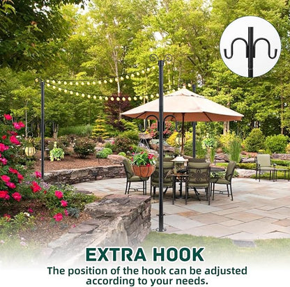 String Light Poles, 10FT Patio Light Poles for String Lights Metal Post Pole with Hooks to Hang Outdoor String Lights, Plant Baskets, Bird Feeder