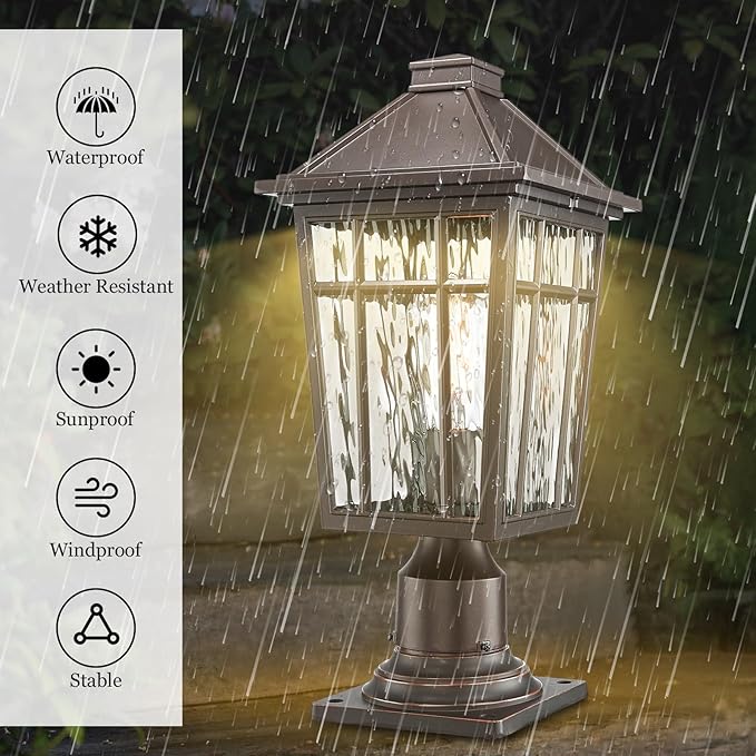 Darkaway 2pcs Large Outdoor Post Lights Lamp Post Light Fixture, 17inch Waterproof Aluminum Housing with Water Ripple Glass for Garden Patio Pathway
