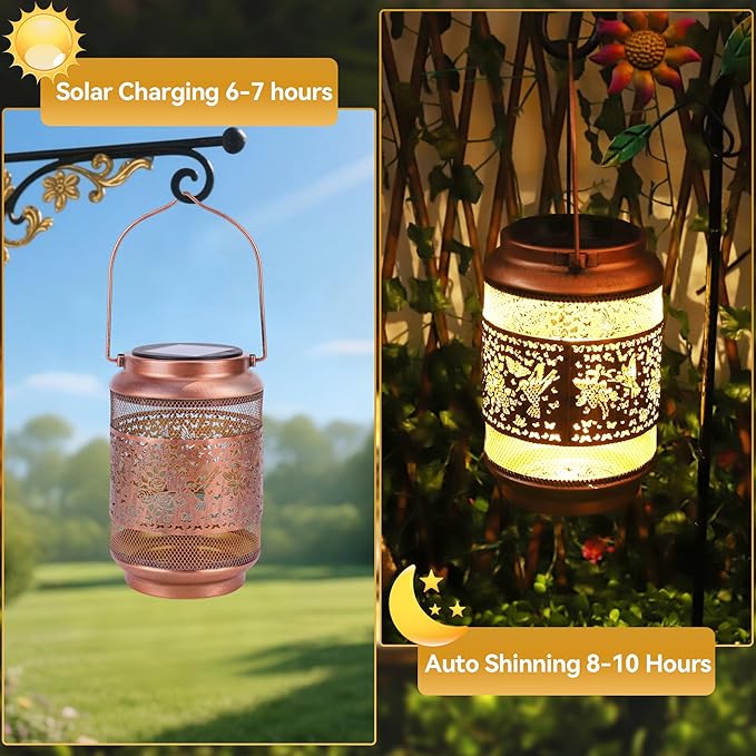 Hummingbird Solar Lanterns Outdoor Waterproof with Shepherd Hook, Garden Decor Solar Birthday Gifts for Women Mom Grandma, Hummingbird Metal Hanging Lantern for Yard, Patio, Lawn, Pathway