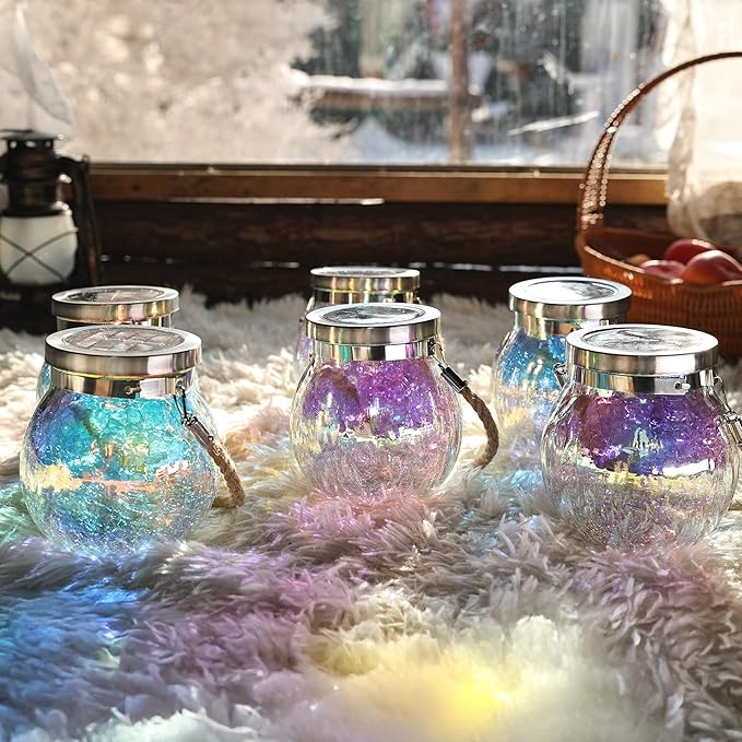 Cooo 6 Pack Gifts for Him Her Solar Lanterns Waterproof Outdoor Iridescent Heavy Crackle Glass LED Stainless Steel Lid for Women Mom Grandma Outdoor Table Lamps Garden Backyard Decor