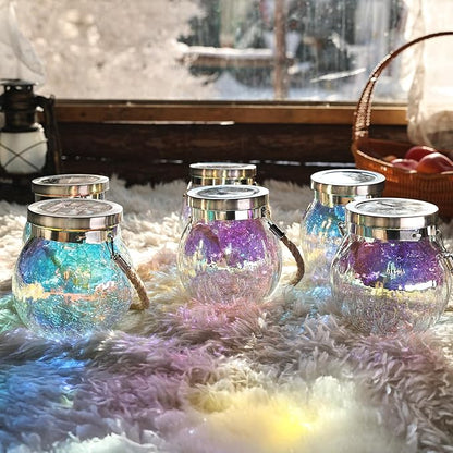 Cooo 6 Pack Gifts for Him Her Solar Lanterns Waterproof Outdoor Iridescent Heavy Crackle Glass LED Stainless Steel Lid for Women Mom Grandma Outdoor Table Lamps Garden Backyard Decor