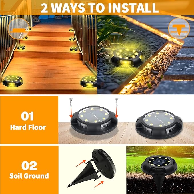 Solar Ground Lights, 8 Pack 12 LED Solar Disk Lights Outdoor Waterproof In-Ground Landscape Lighting for Garden Pathway Yard Lawn Patio Deck Driveway Walkway Outside Decor (Warm White)