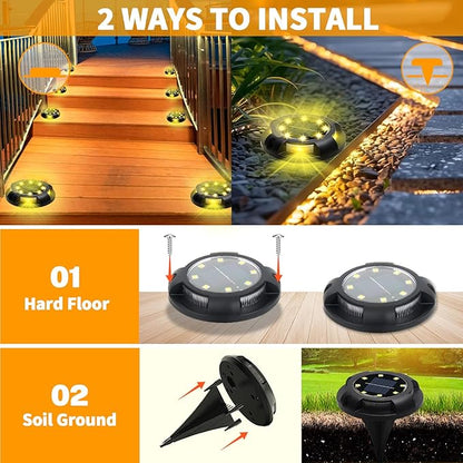 Solar Ground Lights, 8 Pack 12 LED Solar Disk Lights Outdoor Waterproof In-Ground Landscape Lighting for Garden Pathway Yard Lawn Patio Deck Driveway Walkway Outside Decor (Warm White)