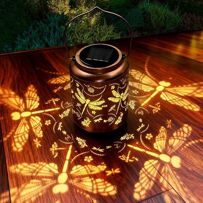 Dragonfly Solar Lanterns Outdoor,Metal Hanging Solar Lights with Dragonfly Projection-Waterproof Garden Decor for Yard,Patio,Backyard,Porch-Gifts for Women,Mom,Grandma,Sister