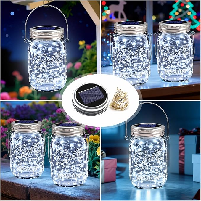 VOOKRY Solar Mason Jar Lights - 10 Pack 30 Led Solar Mason Jar Lids Outdoor Fairy Lights with 10 Hangers Waterproof for Jars DIY Party Patio Garden Table Wedding Decoration Cool White(No Jars)