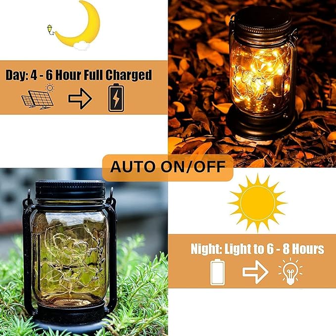 Outdoor Garden Hanging Lanterns, Outdoor Solar Lantern Auto Sensing ABS Glass Soft Warm Light Mason Jar Solar Light for Garden Backyard Ground