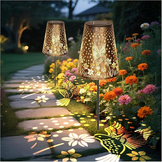 Solar Pathway Lights Outdoor, LED Bright Metal Retro Waterproof, Outside Decorative Hummingbird Lanterns Solar Powered for Path Lawn Patio Yard Walkway (Hummingbird 2P)