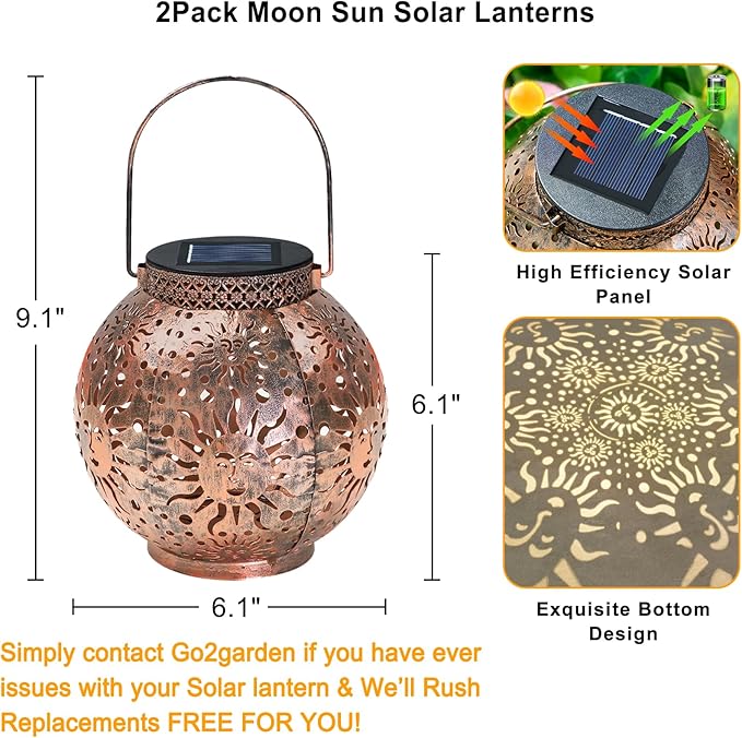 Go2garden 2Pack Solar Lanterns Outdoor Waterproof Garden Gifts for Mom Moon Star Sun Solar Lights for Balcony, Yard,Birthday Mothers Day Gifts for Grandma Wife (Bronze)