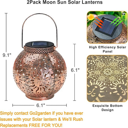 Go2garden 2Pack Solar Lanterns Outdoor Waterproof Garden Gifts for Mom Moon Star Sun Solar Lights for Balcony, Yard,Birthday Mothers Day Gifts for Grandma Wife (Bronze)