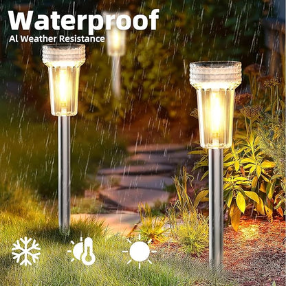 DERAYSION Solar Lights Outdoor, 8 Pack Solar Pathway Lights Waterproof Garden Lighting,Stainless Steel Pole Auto Dusk-to-Dawn Starburst for Path, Yard, Walkway, Driveway, Landscape(2700K Warm White)
