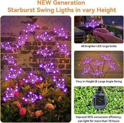 Solar Garden Lights 2 Pack Waterproof Solar Swaying Starburst Light Outdoor Lights for Yard Patio Walkway Pathway Party Wedding Christmas Decoration, Purple