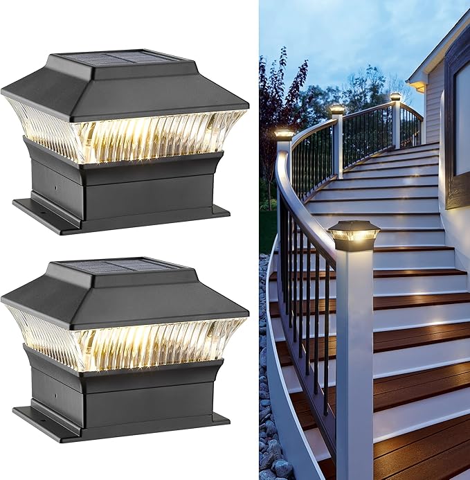 Solar Post Cap Lights, 4x4 4x6 Fence Post Light Solar Powered, 25 Lumens Deck Post Light Outdoor, 3000K Warm Light, IP65 Waterproof, Black - 2 Pack