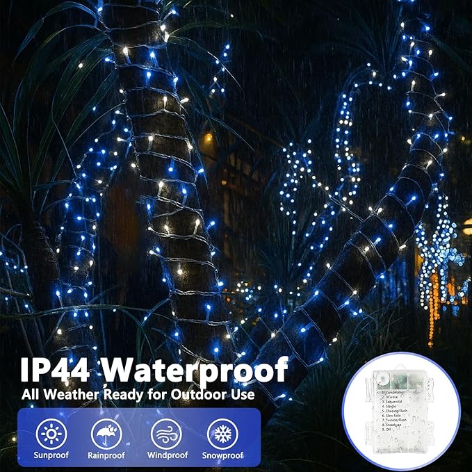 2 Pack Christmas String Lights Battery Operated with Timer, 66FT 200 LED Waterproof Battery Twinkle Lights, 8 Modes Fairy Light for Indoor & Outdoor Party Bedroom Christmas Decorations (Blue & White)
