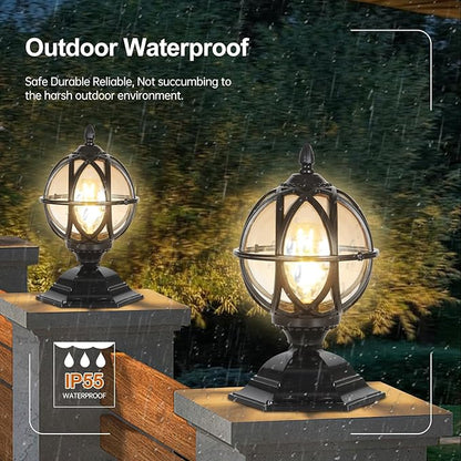 Outdoor Post Caps Lights Fixture Exterior Post Mount Column Lights IP55 Waterproof Pillar Lamps Fence Deck Caps Lanterns With Globe Amber Glass Landscape Lighting Yard Porch Gate Bollard Pedestal Lamp