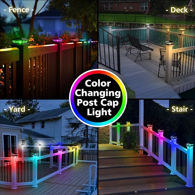 T-SUN Solar Post Cap Lights 6 Pack – Outdoor Waterproof RGB Color Changing Light for 3.5x3.5 4x4 5x5 5.5x5.5 Wood/Vinyl Fence Posts, Solar Deck Lights for Patio, Garden, Porch