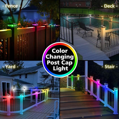 T-SUN Solar Post Cap Lights 6 Pack – Outdoor Waterproof RGB Color Changing Light for 3.5x3.5 4x4 5x5 5.5x5.5 Wood/Vinyl Fence Posts, Solar Deck Lights for Patio, Garden, Porch