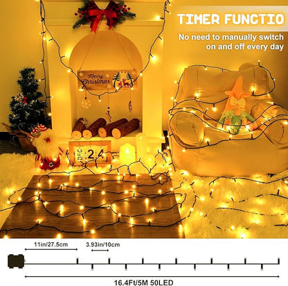 Christmas Lights Outdoor Battery Operated String Lights Total 100LED 33Ft with Timer 8 Modes 16.4Ft*2 Waterproof Outdoor Indoor for Christmas Decor, Warm White, 2-Pack
