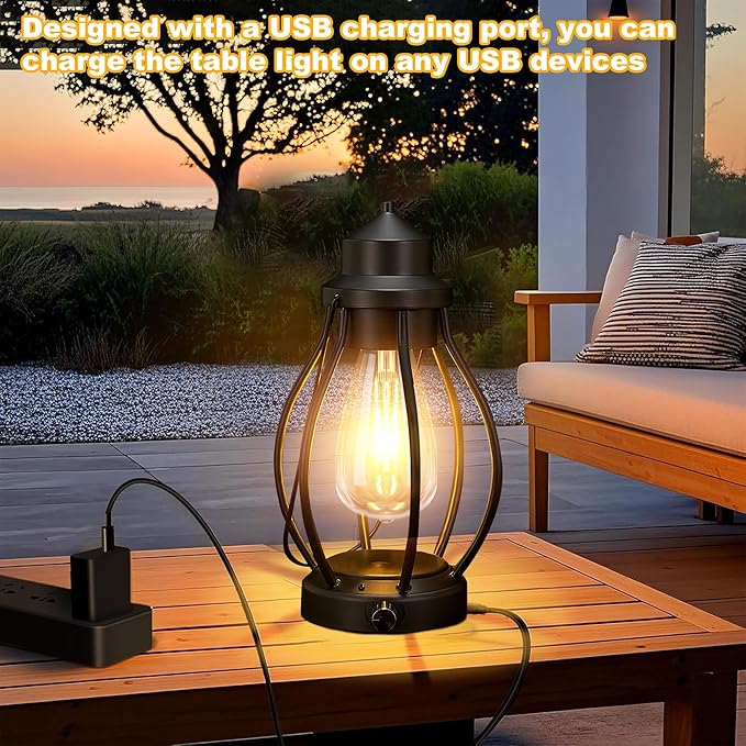 pearlstar Rechargeable Battery Operated Lantern 2 Pack Black Vintage Portable LED Decorative Camping Lamps Outdoor & Indoor, Dimming Warm Light with Timer, for Table Patio Garden Yard Pathway Porch